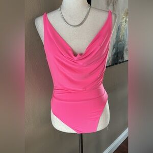 Women's Hot Pink Draped Cowl Neck Bodysuit - Stylish Tank Bodysuit
